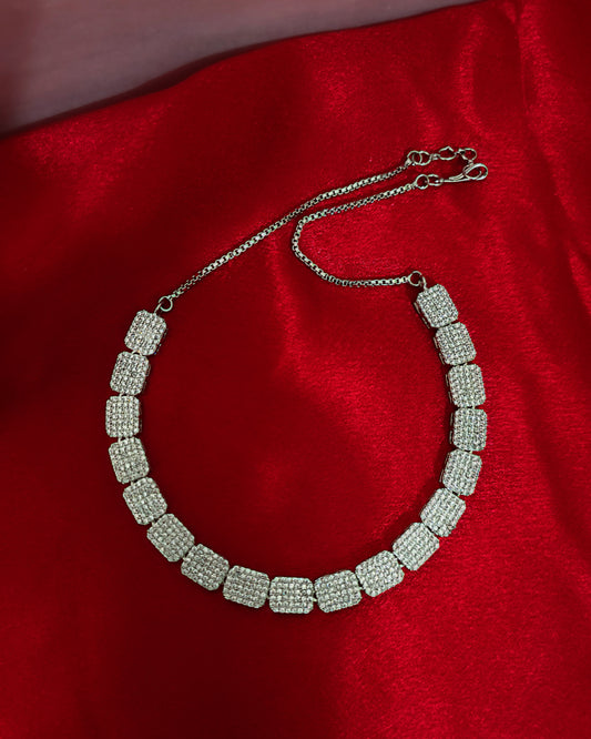 Brilliant Pave AD Choker Necklace Set | Silver Toned Zirconia