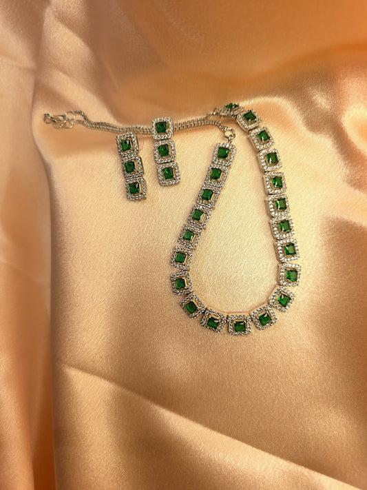 Regal Emerald Green & Zirconia Necklace Earring Set