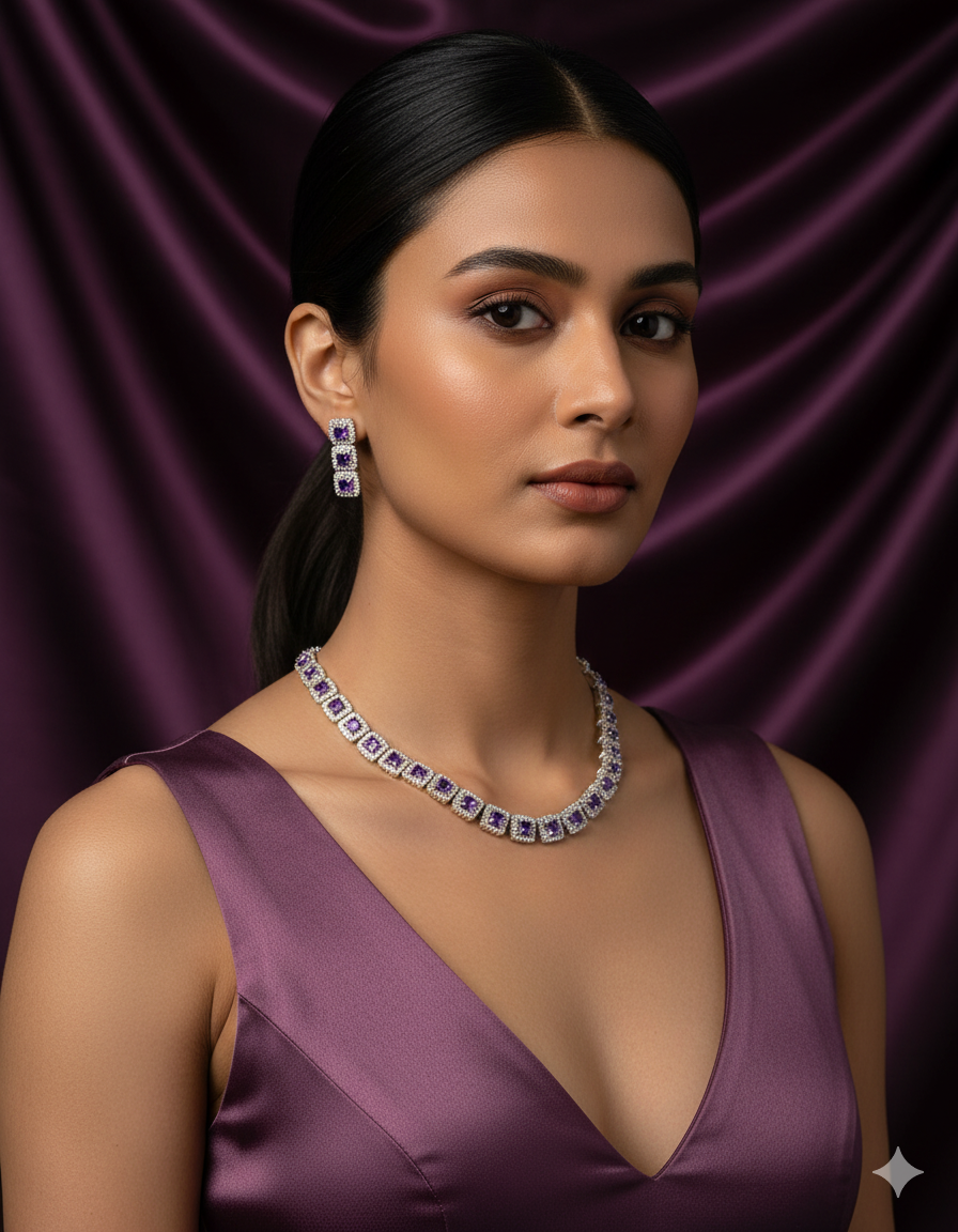Royal Purple Stone Silver-Plated Necklace Set with Earrings