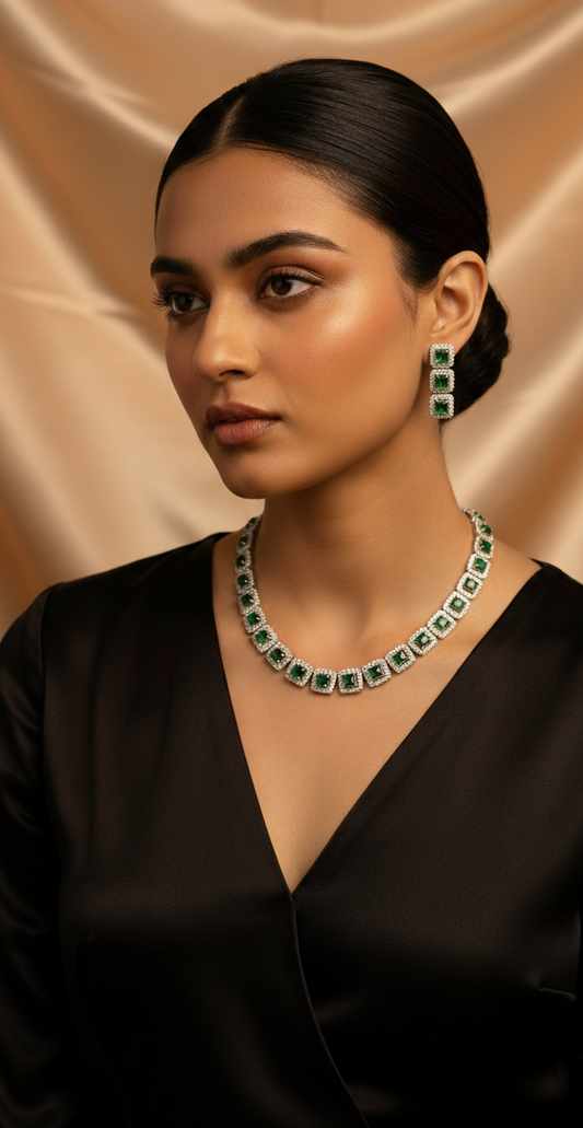 Regal Emerald Green & Zirconia Necklace Earring Set