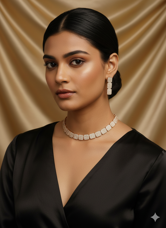 Pave Zirconia Rose Gold Choker Necklace and Earring Set