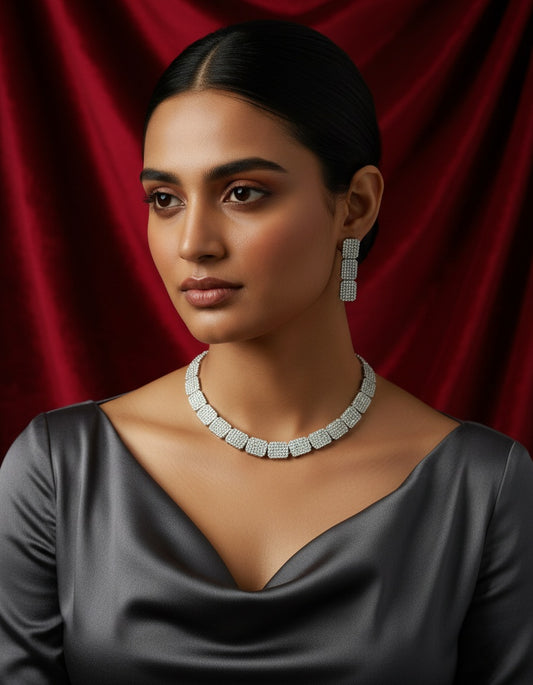 Brilliant Pave AD Choker Necklace Set | Silver Toned Zirconia